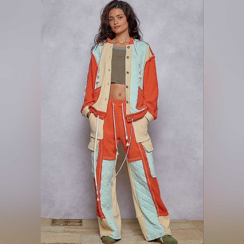 POL Streetwear Colorblock Quilted Thermal  Hoodie Shacket & Pants Set